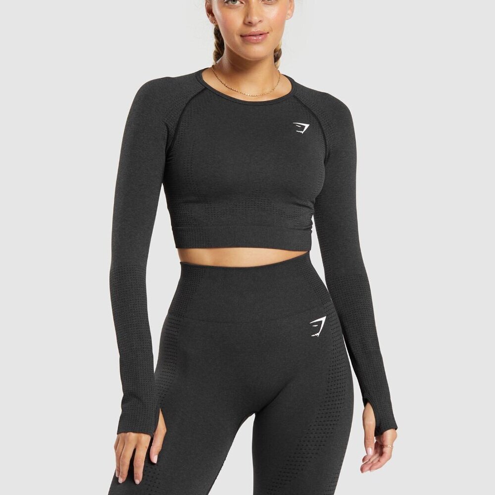Gymshark Vital Seamless 2.0 Long Sleeve Crop Top - Black Marl - Size Medium